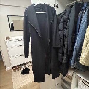 Tahari Elegant Black Pea Coat with leather trim